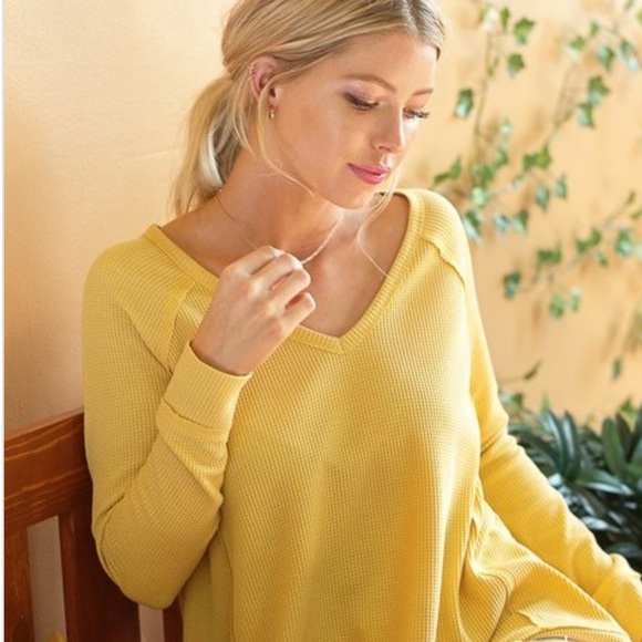 NEW Sunshine Yellow Waffle knit Cozy Sweater Top - Picture 2 of 6